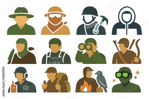 Ranger Day Icon Set Featuring Outdoor Explorers and Adventure Gear