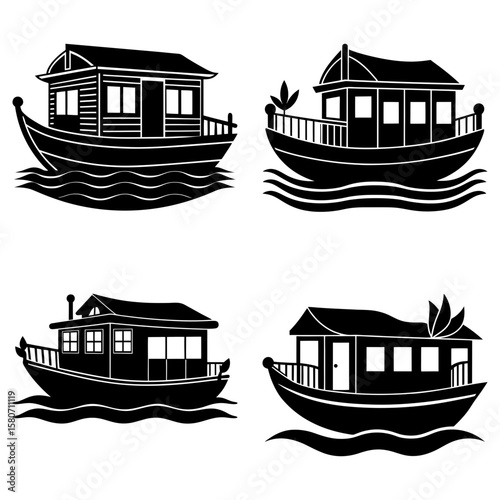 Four black and white illustrations of houseboats floating on water with different designs and details