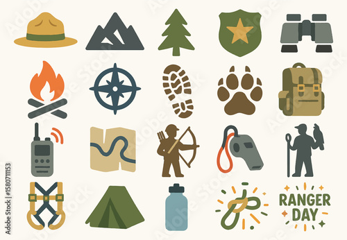 Ranger Day Icon Set Featuring Outdoor Explorers and Adventure Gear