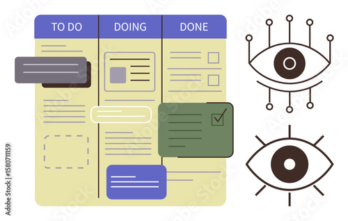 Kanban board with To Do, Doing, Done columns, task cards, and stylized eyes representing monitoring. Ideal for project management, productivity, workflow, teamwork organization task tracking