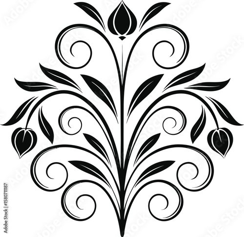 Elegant black floral design with swirling leaves and buds white ornamental