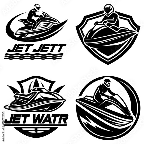 Illustration showcasing jet ski designs with riders in various emblem styles and monochrome aesthetics overall