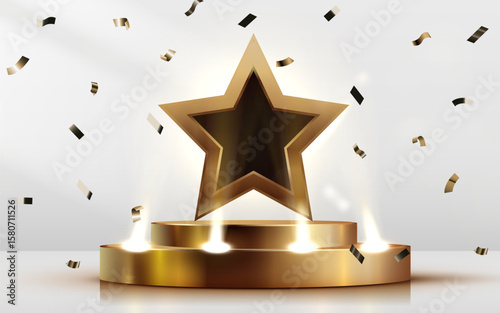 Award round podium with golden star. Golden symbol of victory, achievement, success, rewarding of winner. Vector illustration