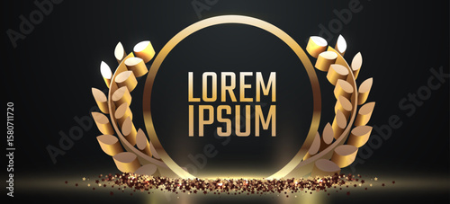 Award round podium with laurel wreath on dark background. Vector golden symbol of victory, achievement, success, rewarding of winner. Vector illustration
