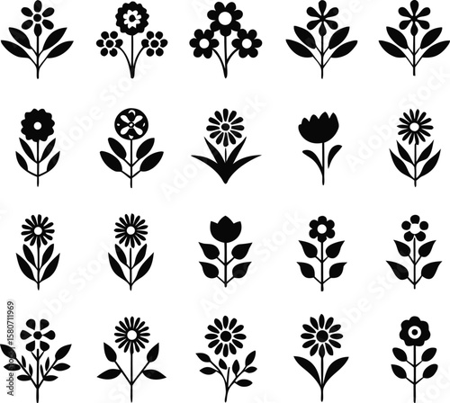 Various stylized floral illustrations with leaves and stems flowers botanical