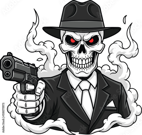 Skeleton gangster with gun, mafia skull character, spooky smoking weapon illustration, cartoon undead mobster, dark crime theme, scary hitman in suit