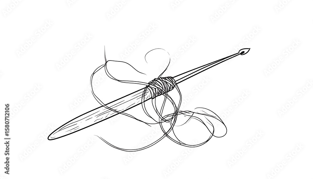 Detailed Line Art of a Crochet Hook with Thread and Twisted Yarn in Minimalist Style Detailed Line Art of a Crochet Hook with Thread and Twisted Yarn in Minimalist Style