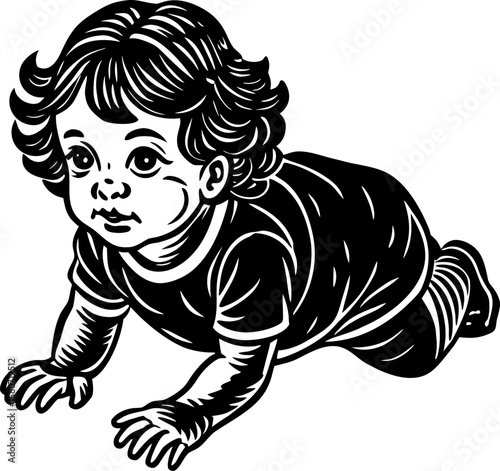 Adorable baby boy with curly hair crawling forward in a simple illustration