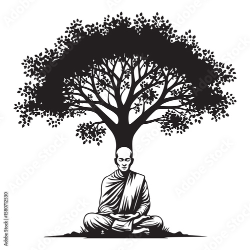 Meditating Monk Silhouette | Zen Vector Design under Bodhi Tree. AI generator