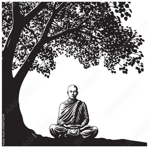 Meditating Monk Silhouette | Zen Vector Design under Bodhi Tree. AI generator