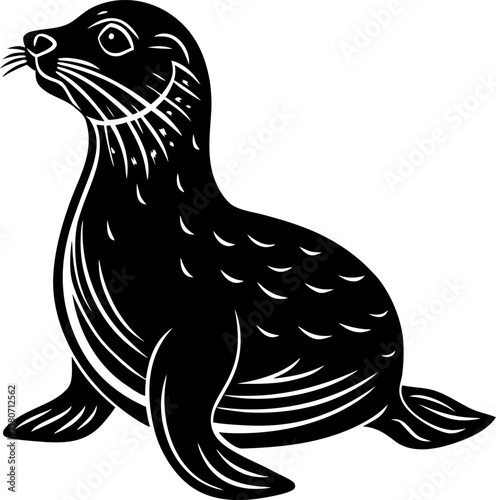 Cute seal sitting with whiskers and flippers silhouette