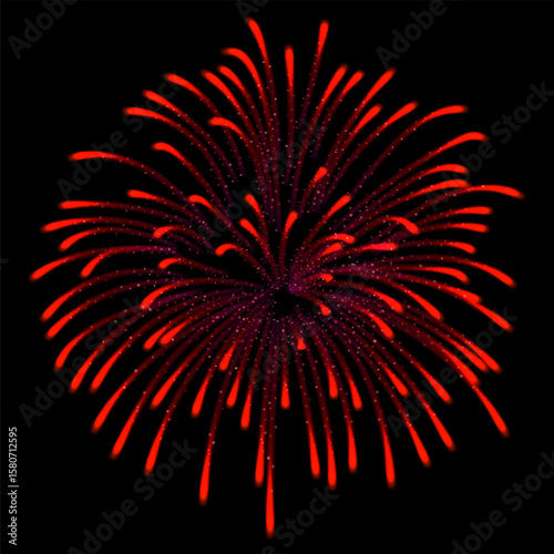 Red color fireworks explosion with glowing splashes and particles.