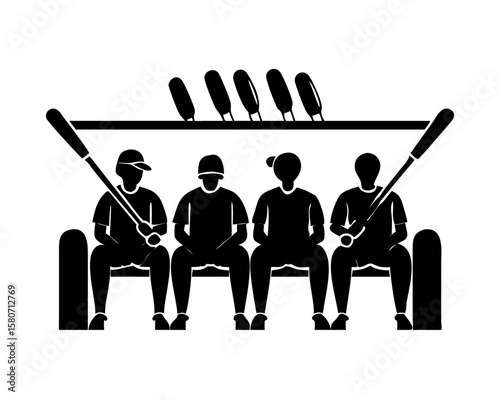 Four baseball players sitting on a bench silhouette