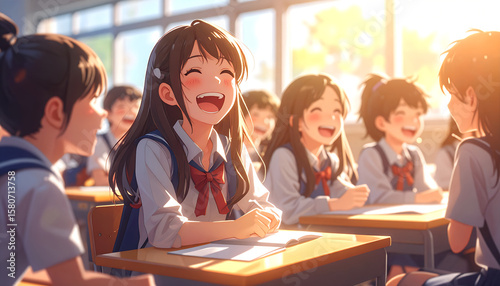 Joyful Anime Schoolgirls Laughing and Smiling in a Bright Classroom with Sunlight