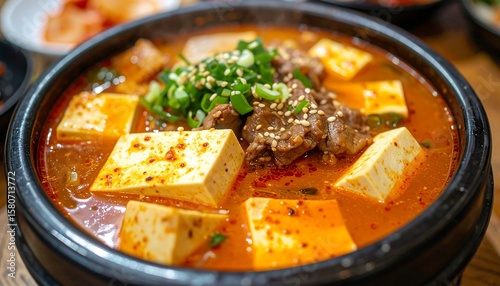Delicious Korean Hot Pot with Tofu, Meat, Green Onions, and Spicy Broth in a Traditional Bowl