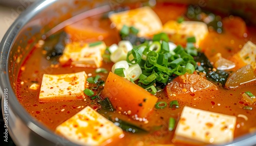 Spicy Korean Tofu Stew with Vegetables and Garnish in Metallic Bowl Ready to Serve at Table
