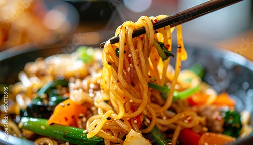 Delicious Asian Noodle Dish with Colorful Vegetables and Chopsticks in Close-Up View