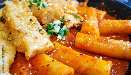 Delicious Korean Cuisine with Spicy Rice Cakes and Fried Chicken in Savory Sauce