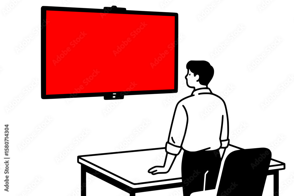 Young employee at standing desk, focused on big screen, black outline and solid brown fill, white background Young employee at standing desk, focused on big screen, black outline and solid brown fill, white background