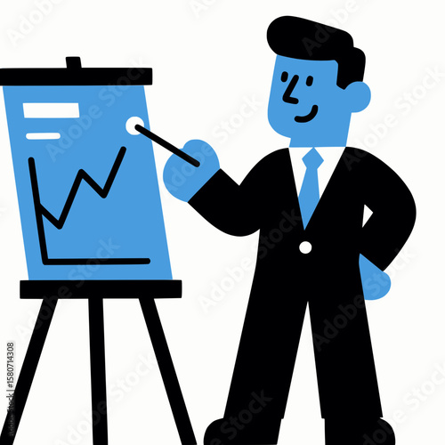 manager giving a presentation with a pointer and chart board, black outline and solid blue fill, white background