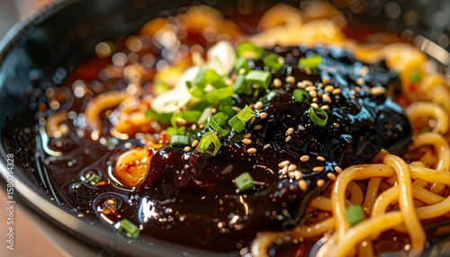 Delicious Black Bean Noodle Dish Garnished with Fresh Green Onion and Sesame Seeds in Bowl