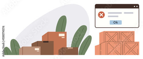 Cardboard boxes and wooden pallets accompanied by an error notification window. Ideal for supply chain, warehouse management, shipment delays, logistics solutions, inventory control, transportation