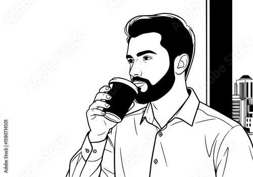 Employee drinking coffee near office window while thinking, black outline and solid teal color, white background