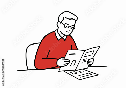 Employee reading printed report, black outline and solid red fill,white background
