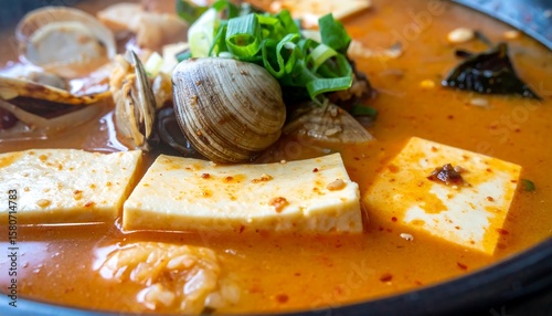 Fresh Seafood Soup with Tofu and Vegetables in Spicy Broth with Garnish of Green Onion