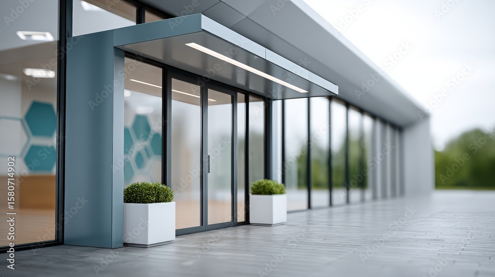 Obraz premium Door entry for smart offices, Modern building entrance with glass doors, metal frame, and potted plants, featuring a sleek architectural design and a clean, spacious paved walkway outside.