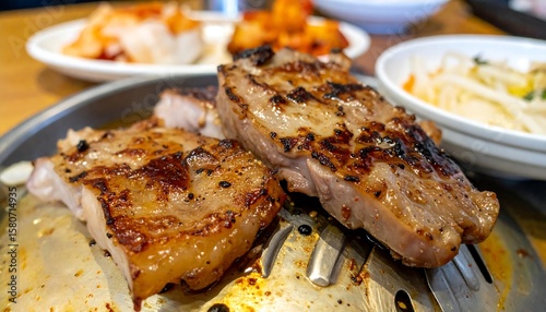 Grilled Pork Chops on Plate with Side Dishes in Restaurant Setting Rich in Flavor and Color