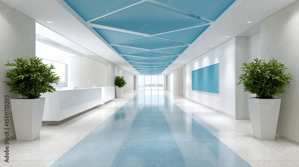 Fototapeta premium Door entry for smart offices, A modern, spacious office lobby with blue accents, white walls, large potted plants, and a sleek reception desk.