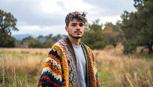 Young man wearing colorful knit blanket standing in an open field surrounded by nature and trees