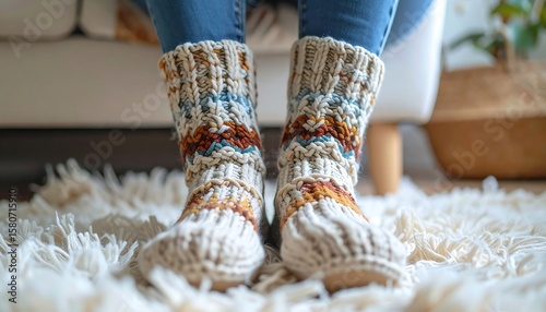 Cozy Knit Socks on Warm Rug in Modern Living Room with Comfortable Atmosphere