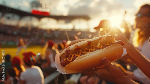 A hand holds a classic hot dog with mustard at a sunny baseball stadium. The blurred background of the crowd and field evokes the warm, enjoyable atmosphere of a live American sporting event