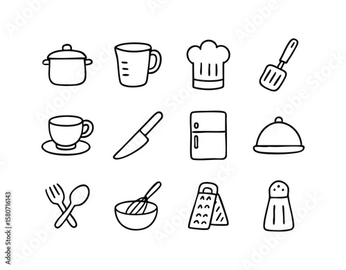 Kitchen utensils and cooking tools vector illustration for culinary blog or recipe website doodle drawing style 
