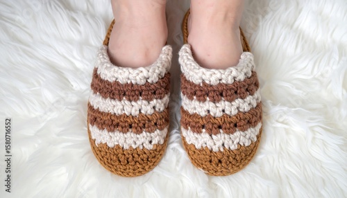 Cozy Handcrafted Crochet Slippers with Striped Design for Comfort and Indoor Use