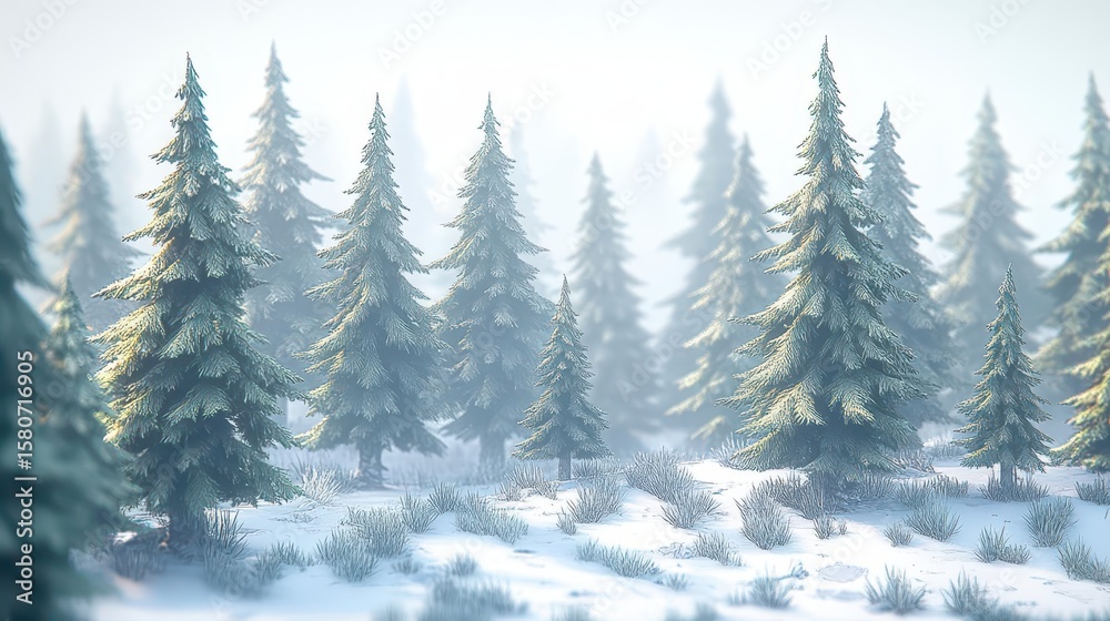 Obraz premium Snowy Evergreens in Foggy Forest