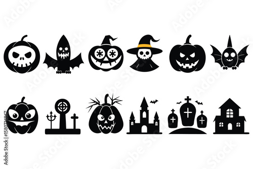 Halloween icons spooky creatures and haunted scenes