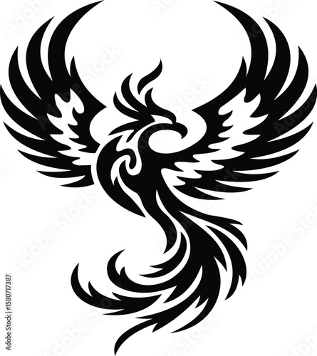 This striking illustration features a bold phoenix rendered in black, showcasing its majestic wings and intricate tail feathers. 