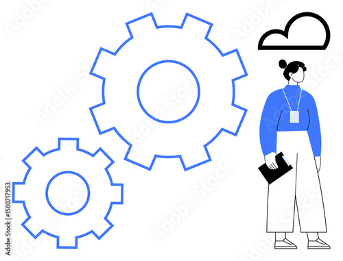 Woman holding clipboard standing near large gears and cloud icon. Ideal for teamwork, process management, innovation, technology, cloud computing, leadership, human resources. Simple flat metaphor