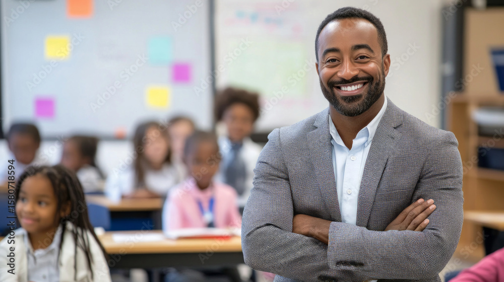 Obraz premium Happy smiling afro american teacher posing with crossed arms in classroom with students