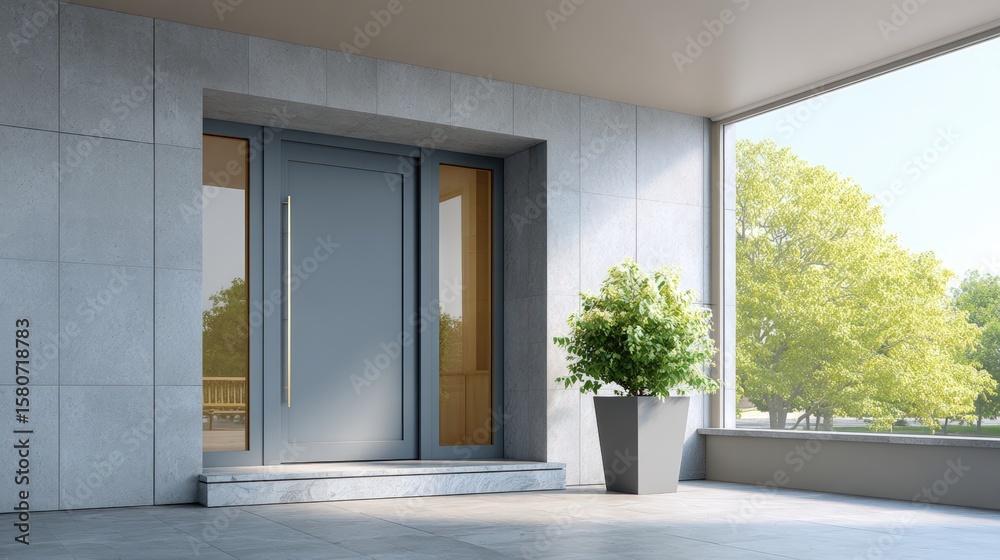 Fototapeta premium Door entry for smart offices, A modern gray front door with glass side panels, set in a sleek stone facade with a large potted plant and a view of green trees outside.