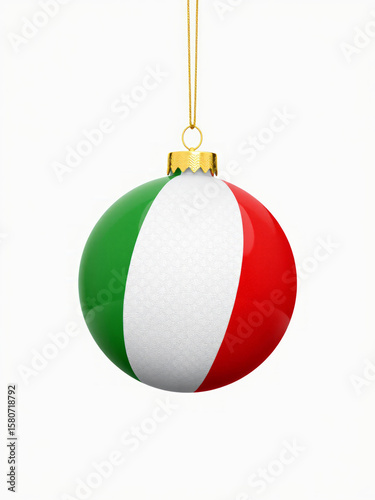 Italian flag christmas ball hanging with copyspace on white background