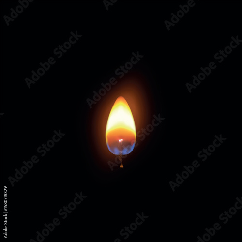 Realistic candle fire flame, closeup burning wick, vector 3D flare texture on black background, memorial candlelight