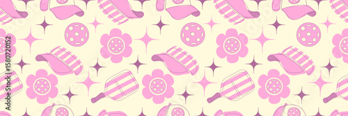 Seamless retro style pattern featuring pink pickleball paddles, caps, balls, daisies, and sparkles on a cream background. Ideal for textiles, stationery, wallpapers, or fun sporty branding