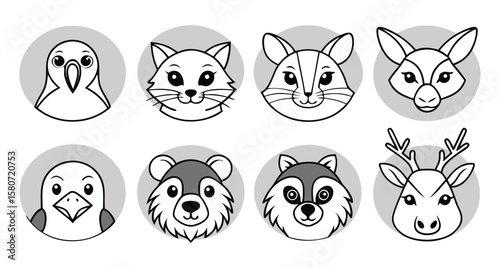 Cute animal faces in circles cartoon icon