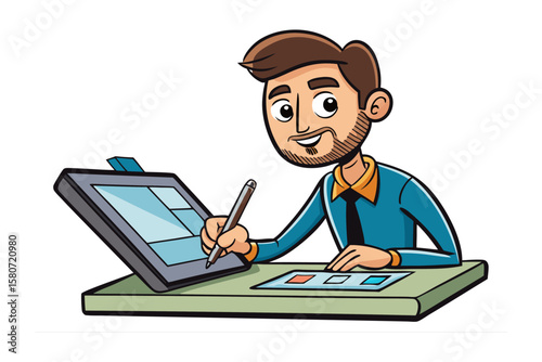 Cartoon man with beard and brown hair wearing a blue shirt and tie happily working on a digital drawing tablet and stylus at his desk