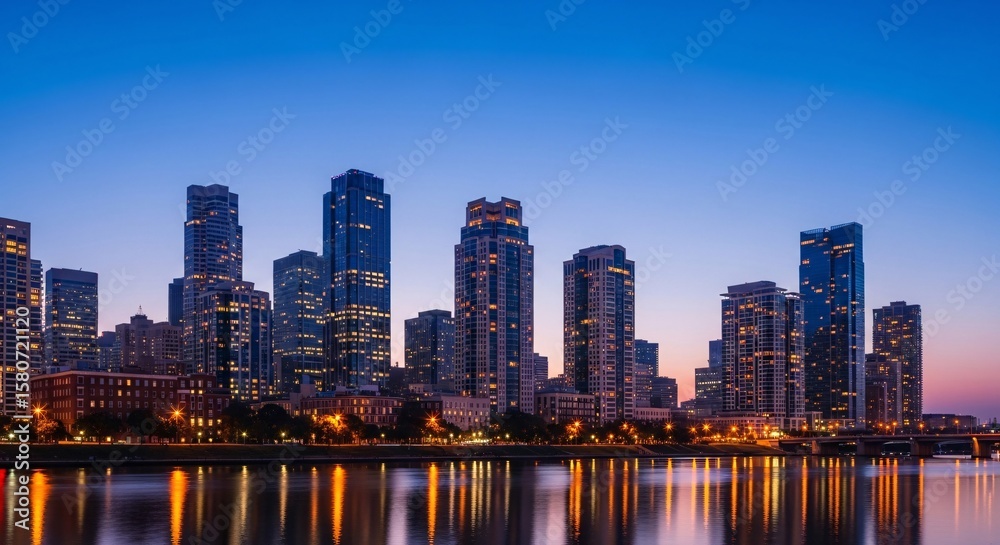 Obraz premium City Skyline at Dusk with Warm Lights, High-Rise Buildings and Clear Reflection on Water, Modern Urban Landscape, Evening Cityscape, Vibrant Urban Lights