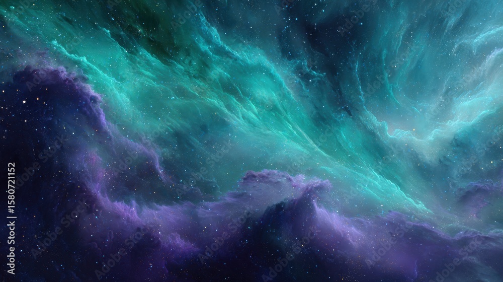 Fototapeta premium Breathtaking cosmic nebula scene with swirling teal, purple, and blue gas clouds, countless twinkling stars, and a vast, mysterious expanse of deep space, capturing the awe - inspiring beauty and wond